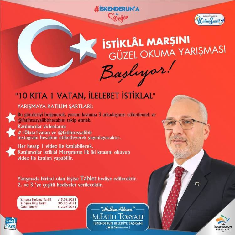 İSKENDERUN BELEDİYESİNDEN ÖDÜLLÜ İSTİKLAL MARŞINI GÜZEL OKUMA YARIŞMASI